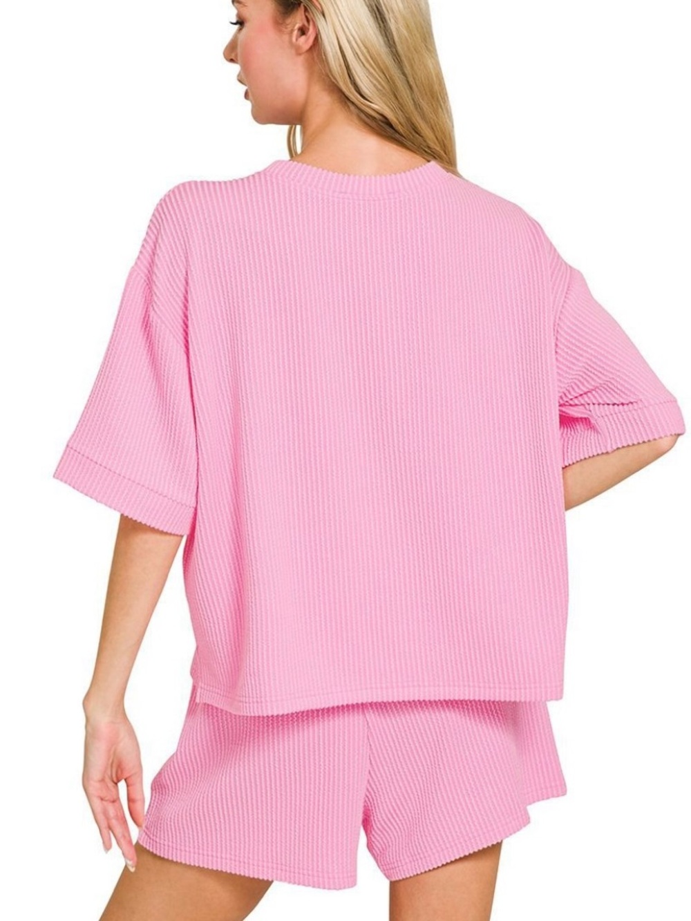 Zenana Outfitters Pink Waffle Knit Short Sleeve Top & Drawstring Shorts Set - Picture 2 of 3